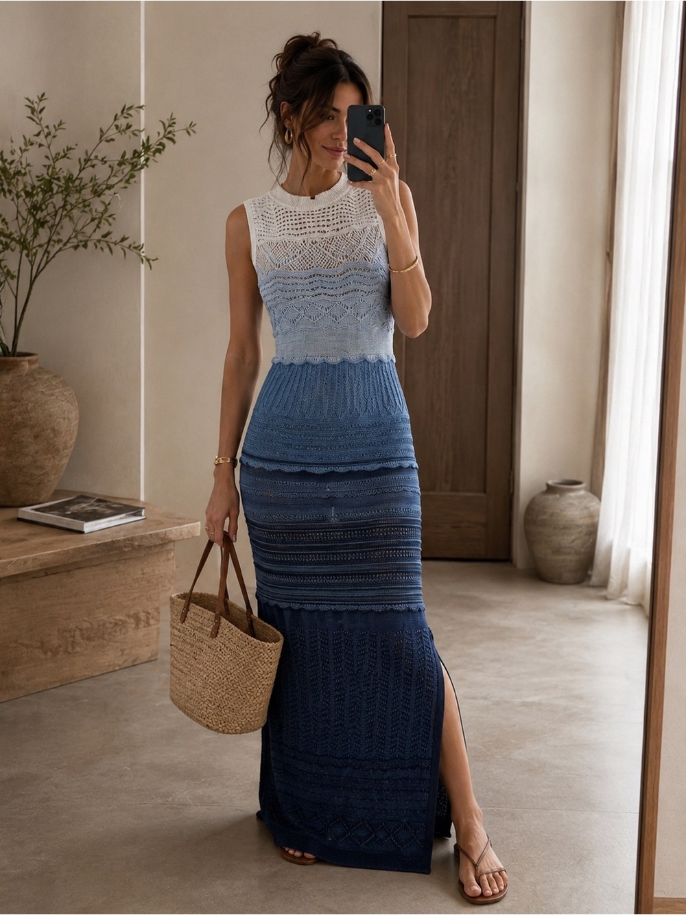 Tony by Ronny Kobo Ombré Crochet Knit Sleeveless Maxi Dress Blue Size M